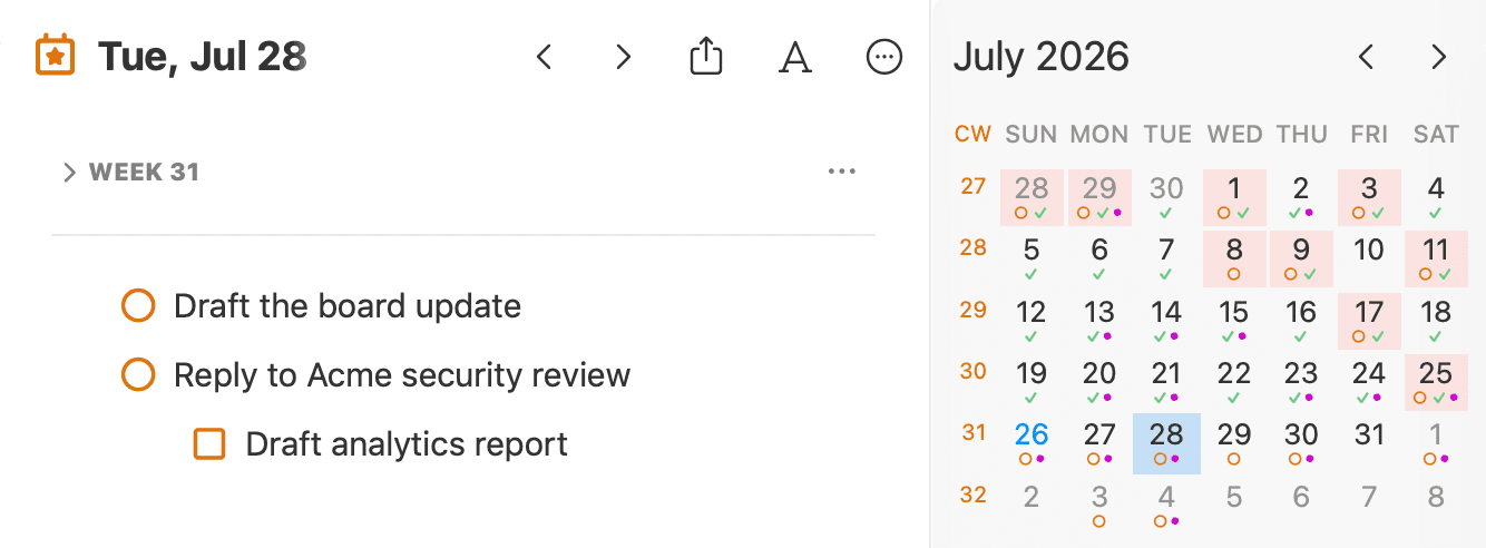 A NotePlan daily note beside the monthly calendar