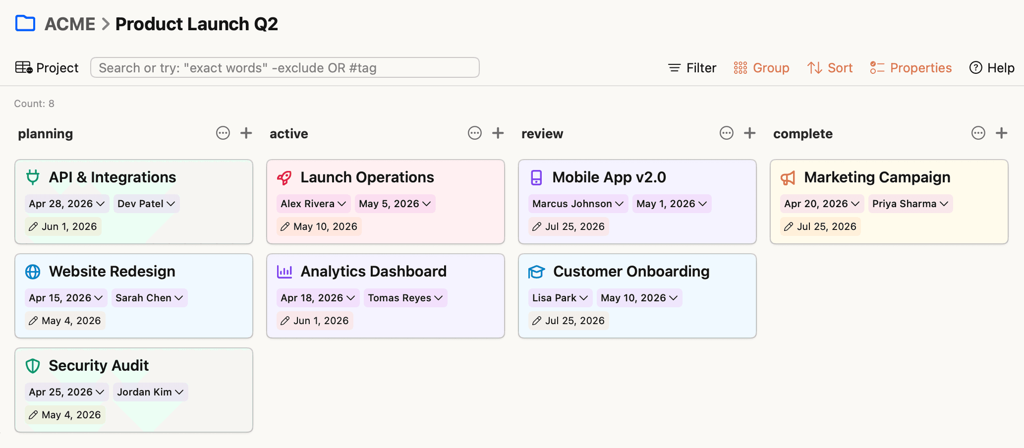 A NotePlan Kanban board with planning, active, review and complete columns built from project notes